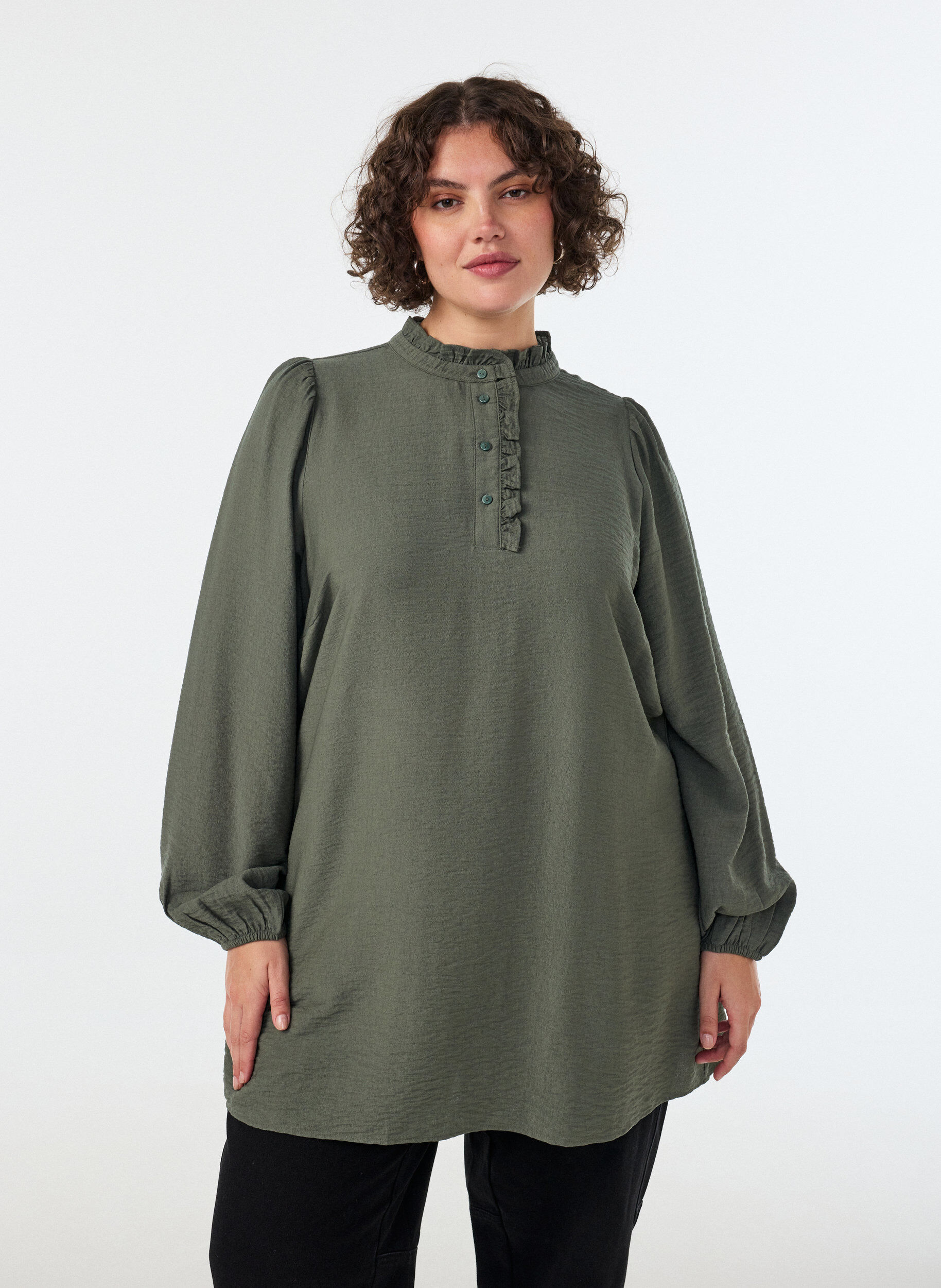 ZizziWiskozowa tunika z falbanami i guzikami, Zielony, Model image number 0