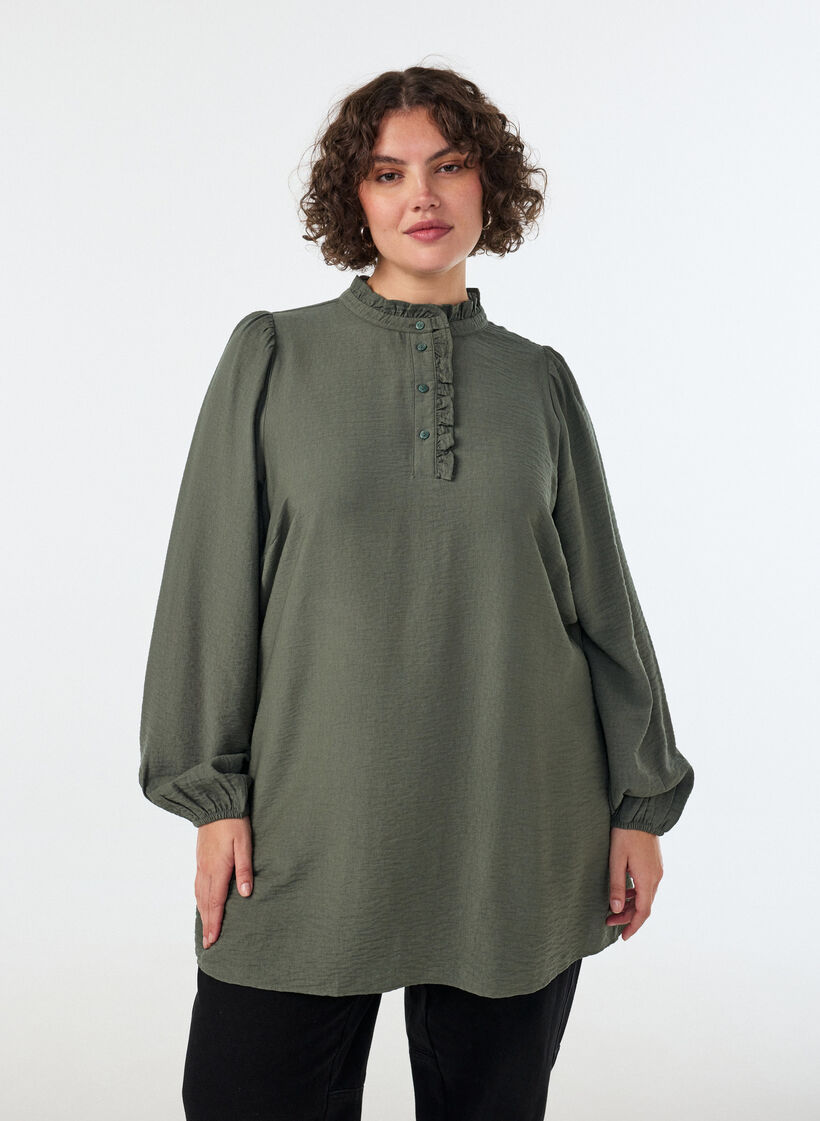 Wiskozowa tunika z falbanami i guzikami, Zielony, Model image number 0