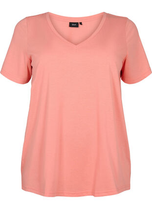 T-shirt z krótkim rekawem i dekoltem w szpic, Bright Coral, Packshot image number 0