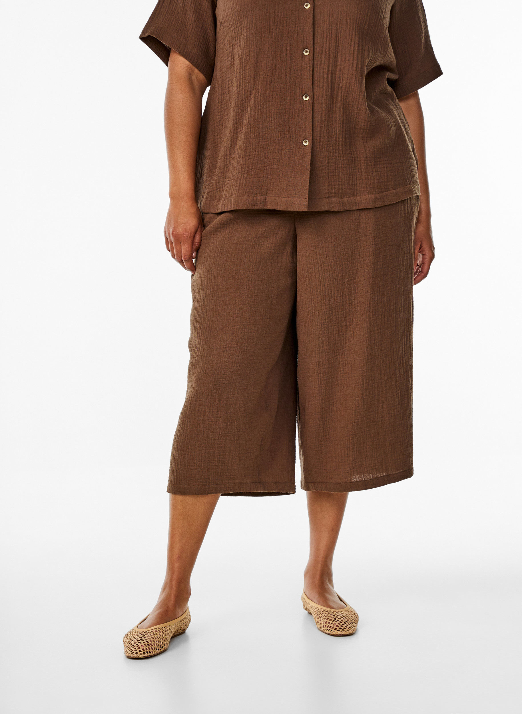 ZizziSpodnie culotte z muslinu bawelnianego z wysokim stanem, Brązowy, Model image number 2