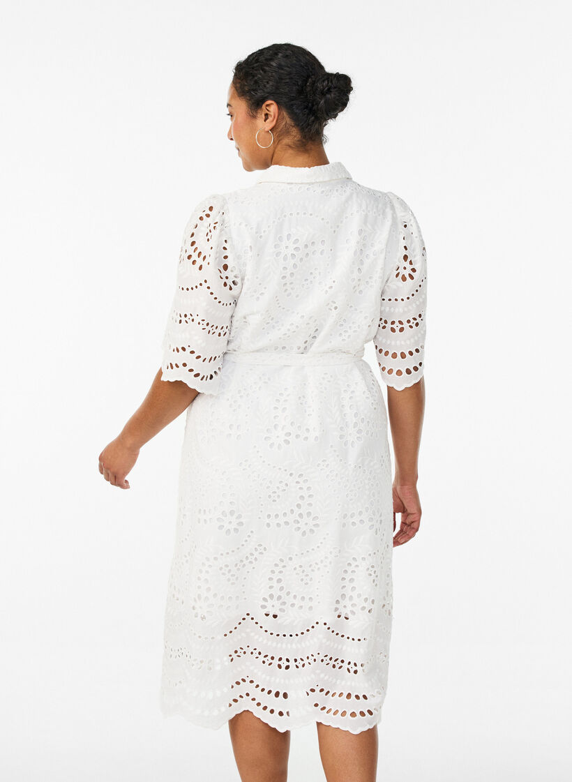 Sukienka-koszulka w stylu broderie anglaise z pasem do wiazania, Biały, Model image number 2