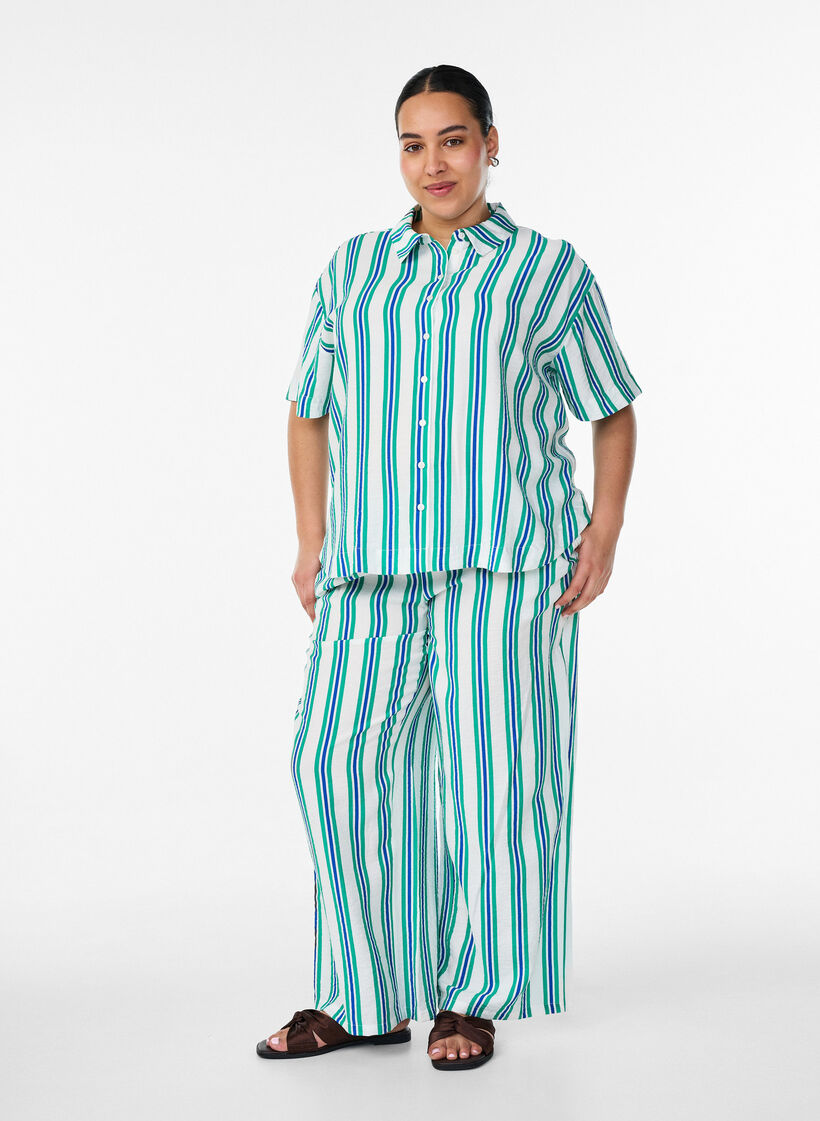 Spodnie w paski z wysoka talia i szerokimi nogawkami, Biały, Model image number 1