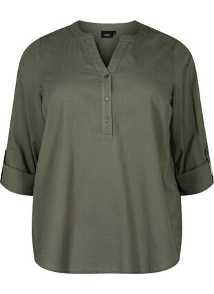 Bawelniana koszulowa bluzka z dekoltem w szpic, Thyme, Packshot image number 0