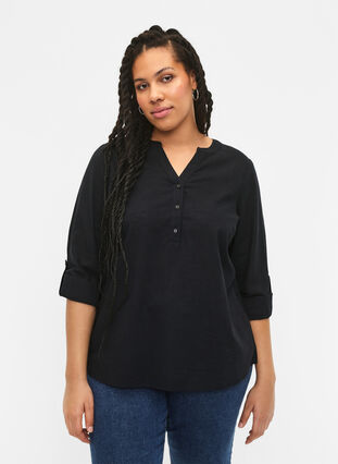 Bawelniana koszulowa bluzka z dekoltem w szpic, Black, Model image number 0