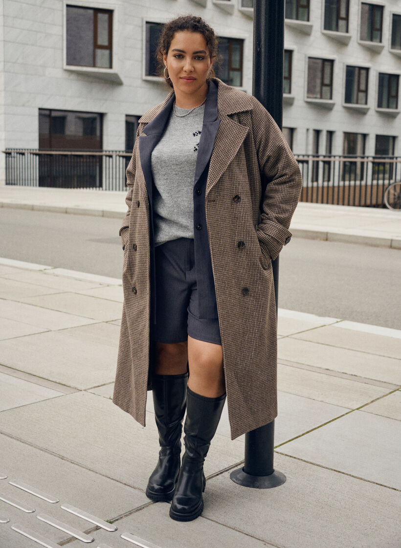 Plaszcz w krate z paskiem, Brązowy, Image