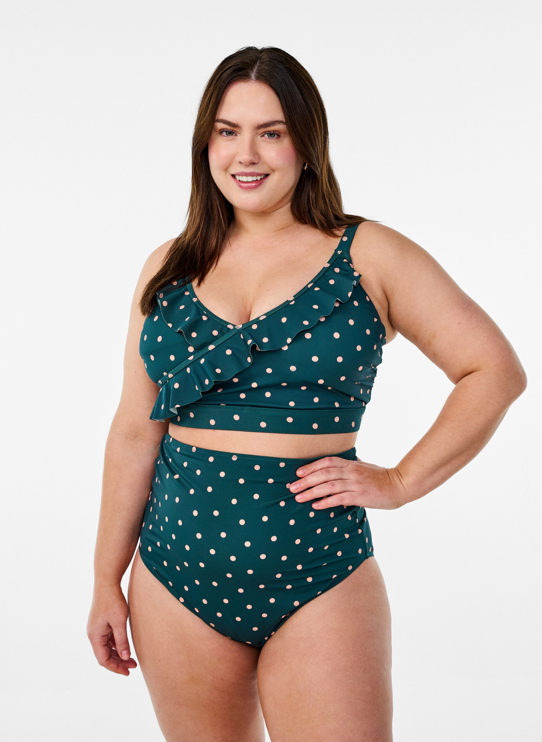 ZizziG&oacute;ra od bikini w kropki i z falbankami, Zielony, Model image number 1