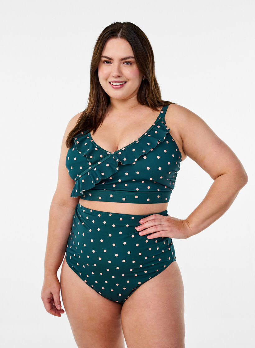 G&oacute;ra od bikini w kropki i z falbankami, Zielony, Model image number 1