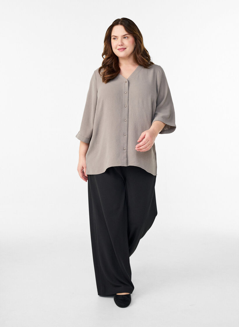 Bluzka z dekoltem w szpic i rekawami 3/4, Beżowy, Model image number 1