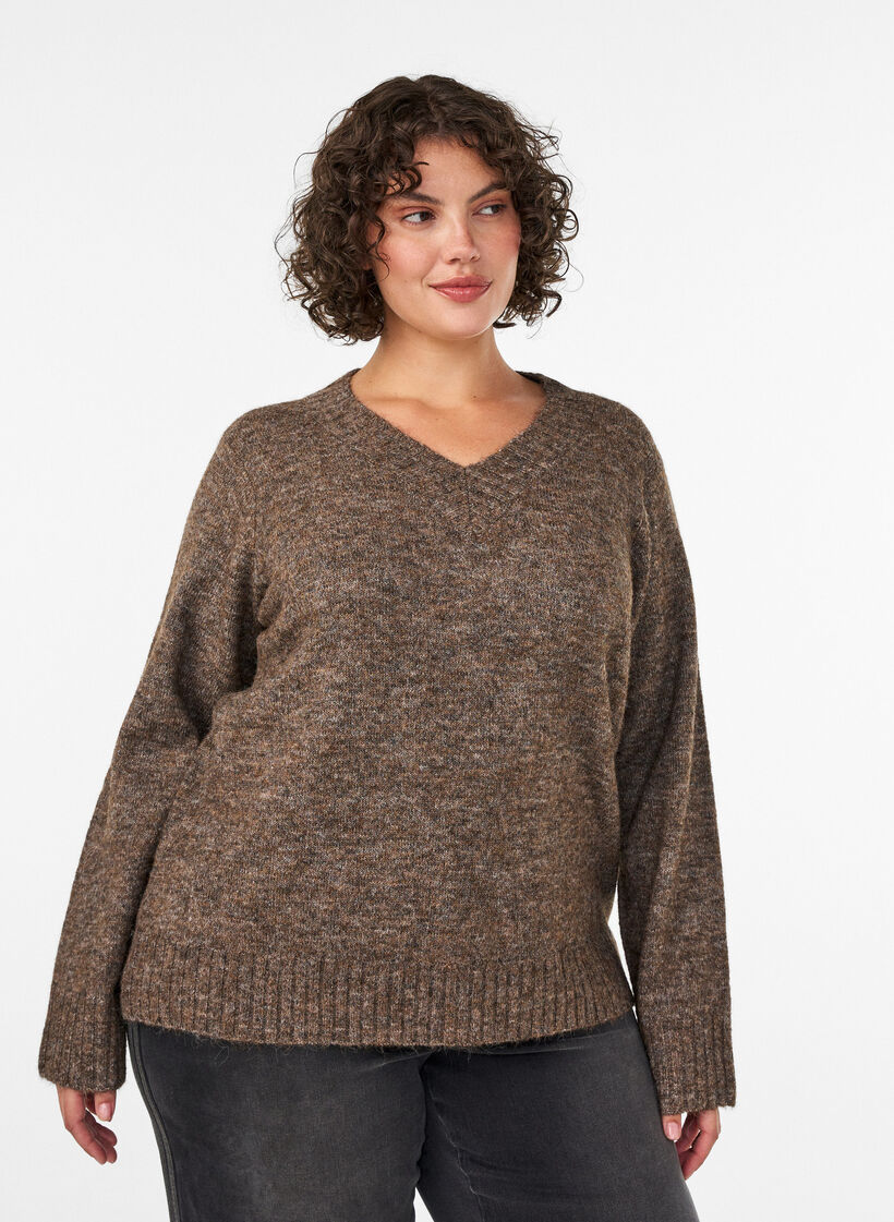 Sweter z dekoltem w serek, Brązowy, Model image number 0