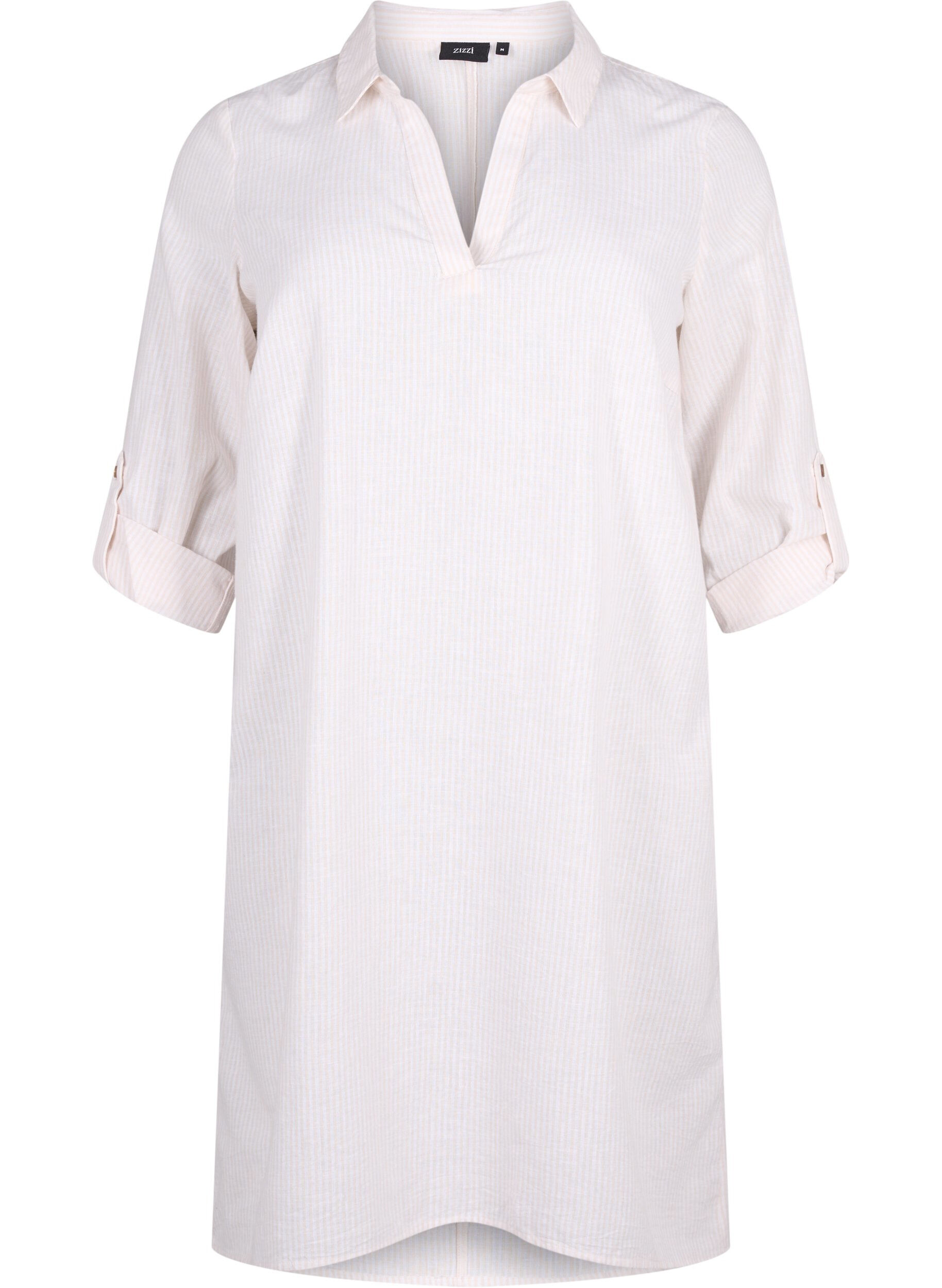 Zizzi Sukienka w paski wykonana z bawelny i lnu, Sandshell Wh. Stripe, Packshot image number 0