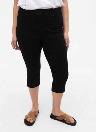 Jeansowe spodnie 3/4 z elastycznym paskiem, Black, Model image number 2