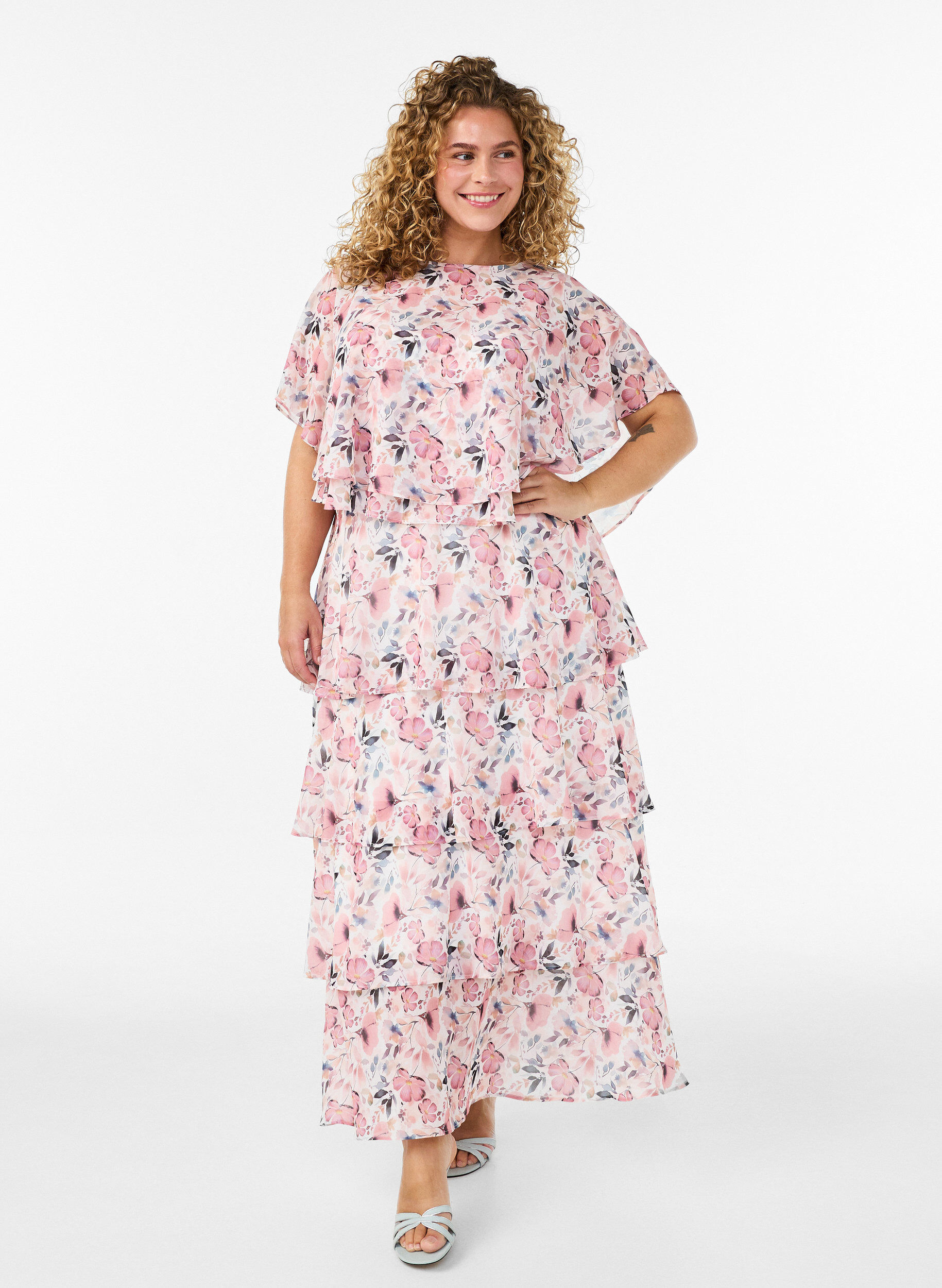 ZizziSukienka maxi z falbanami i odpinana peleryna, Biały, Model image number 0