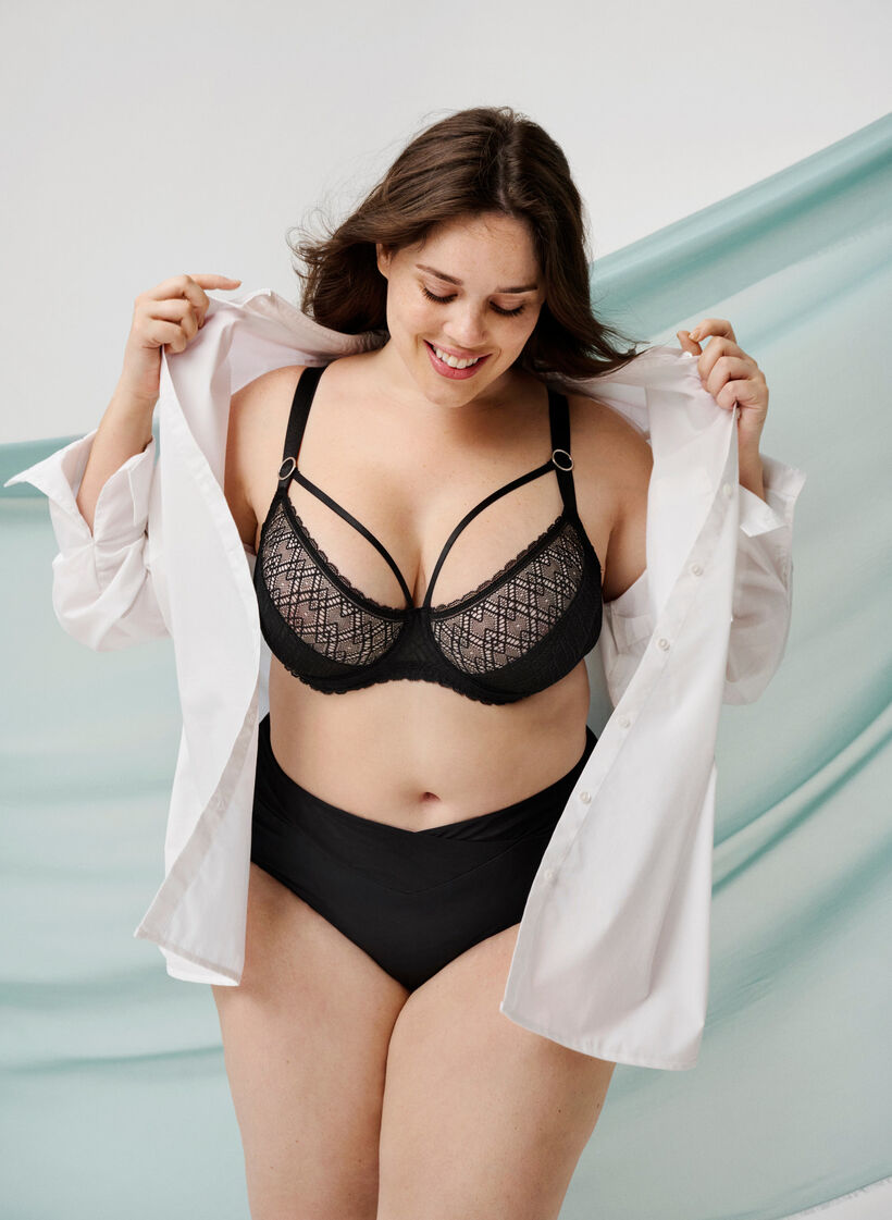 Koronkowa balkonetka ze ozdobnymi paskami, Czarne, Image image number 0