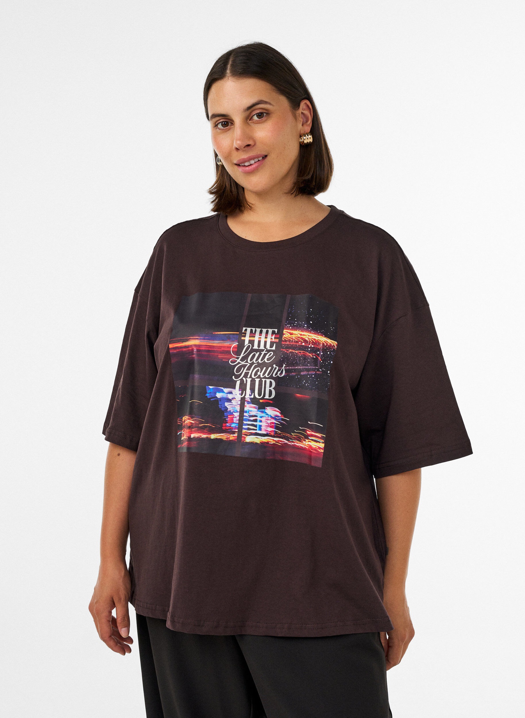 T-shirt w rozmiarze oversize z duzym nadrukiem fotograficznym, Brązowy, Model