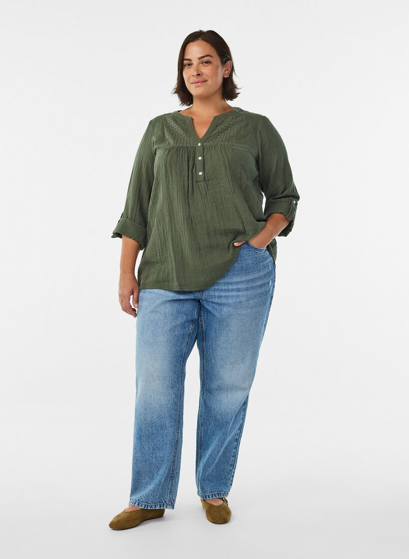 Bluzka z bawelnianego muslinu z haftem angielskim, Zielony, Model image number 1