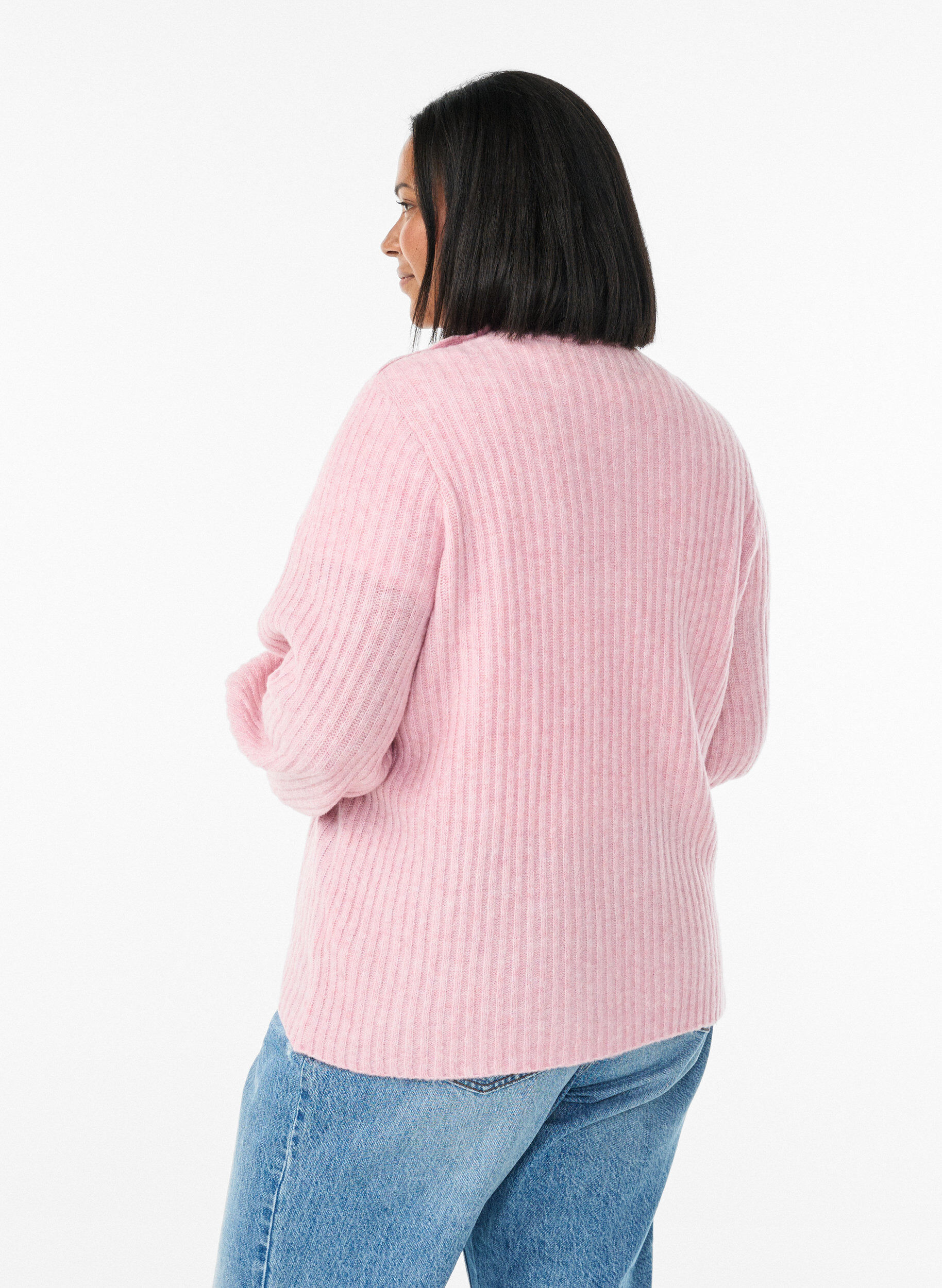ZizziPrazkowany sweter z bufiastymi rekawami i guzikami, R&oacute;żowy, Model image number 2