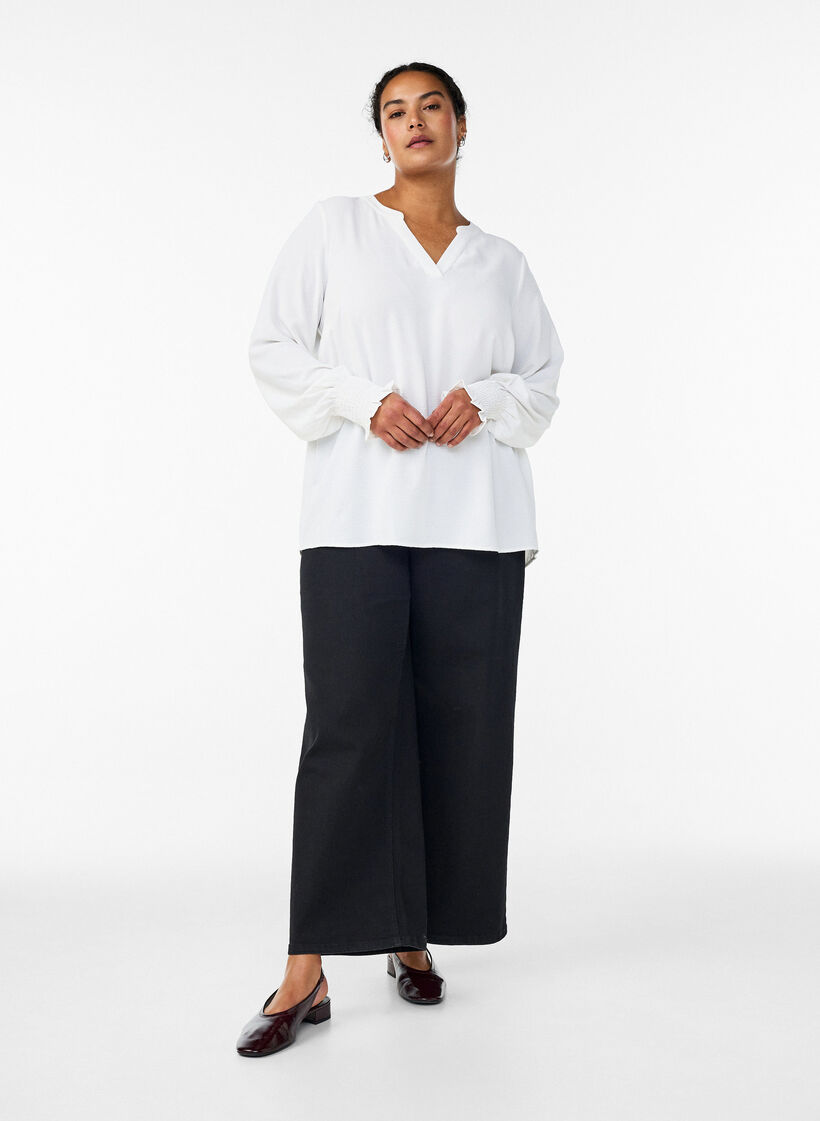 Bluzka z bufiastymi mankietami i dekoltem w ksztalcie litery V, Biały, Model image number 1