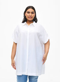 Dluga koszula z wiskozy z krótkimi rekawami, Bright White, Model