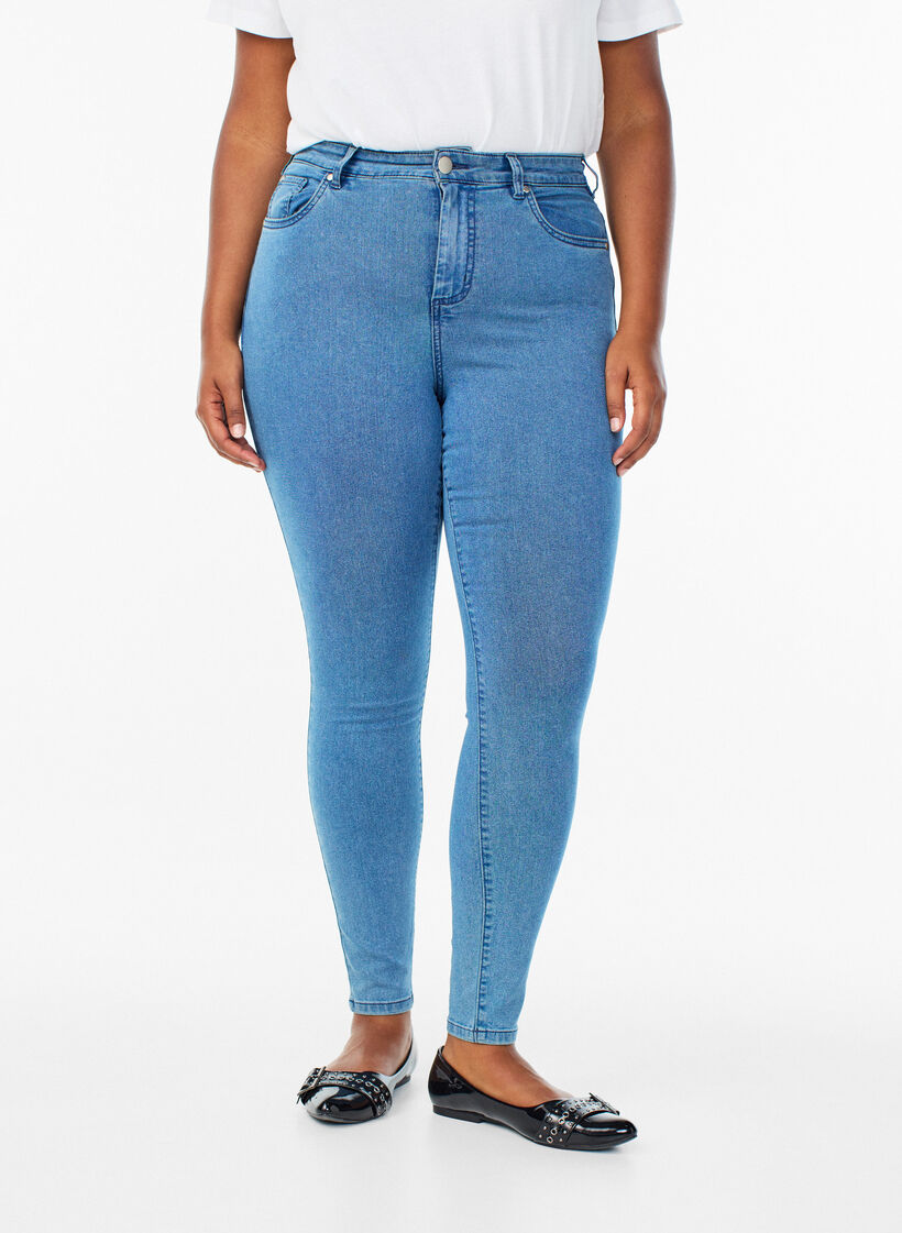 Jeansy super slim z wysokim stanem Amy, Niebieskie, Model image number 2