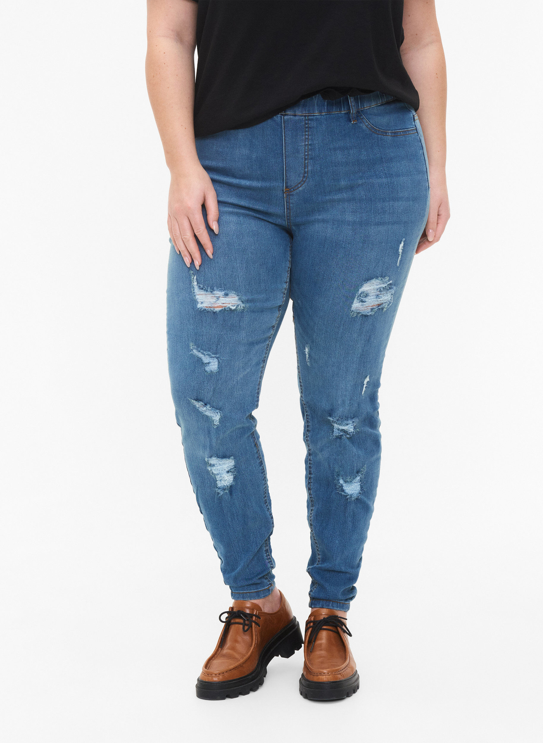 Zizzi Jeggings with rip, Blue denim, Model image number 2