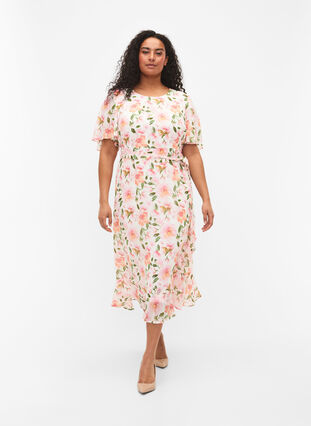 Kwiecista sukienka midi z krótkim rekawem i kwiatowym nadrukiem, White w. Pink Flower, Model image number 0
