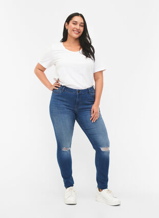 Bardzo waskie jeansy Sanna z przetarciami, Blue denim, Model image number 0