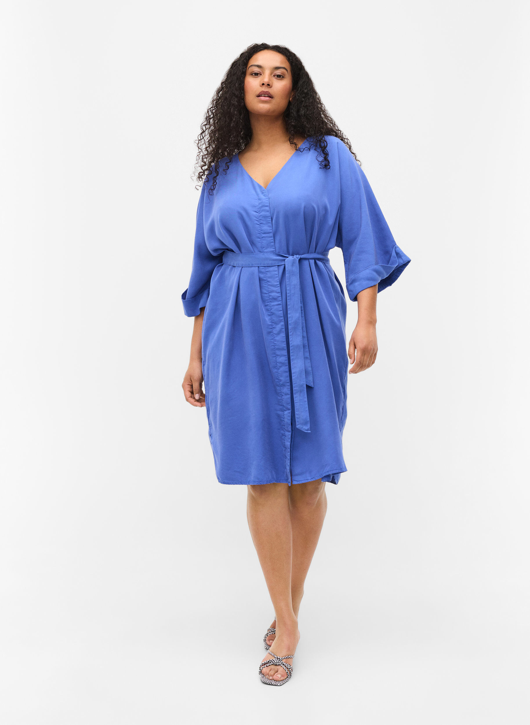 ZizziDress with 3/4 sleeves and tie-belt, Blue, Model image number 1