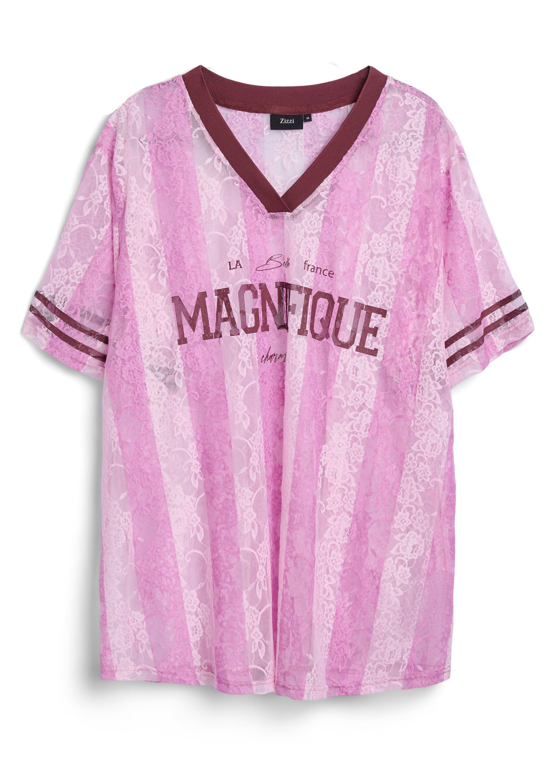 Bluzka z koronki w paski z efektownym nadrukiem