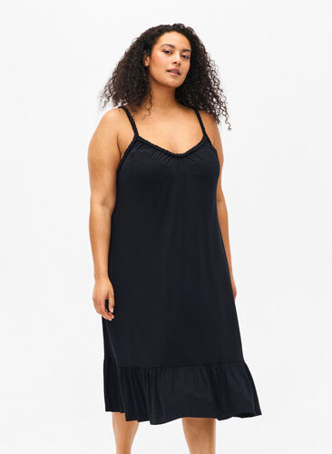 Wiskozowa sukienka plazowa z plecionymi ramiaczkami, Black, Model image number 0