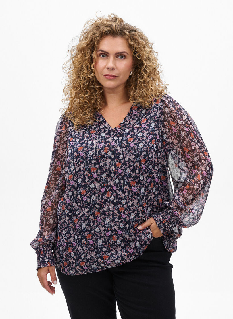 Bluzka z kwiatowym nadrukiem i brokatowa nicia, Niebieskie, Model image number 0