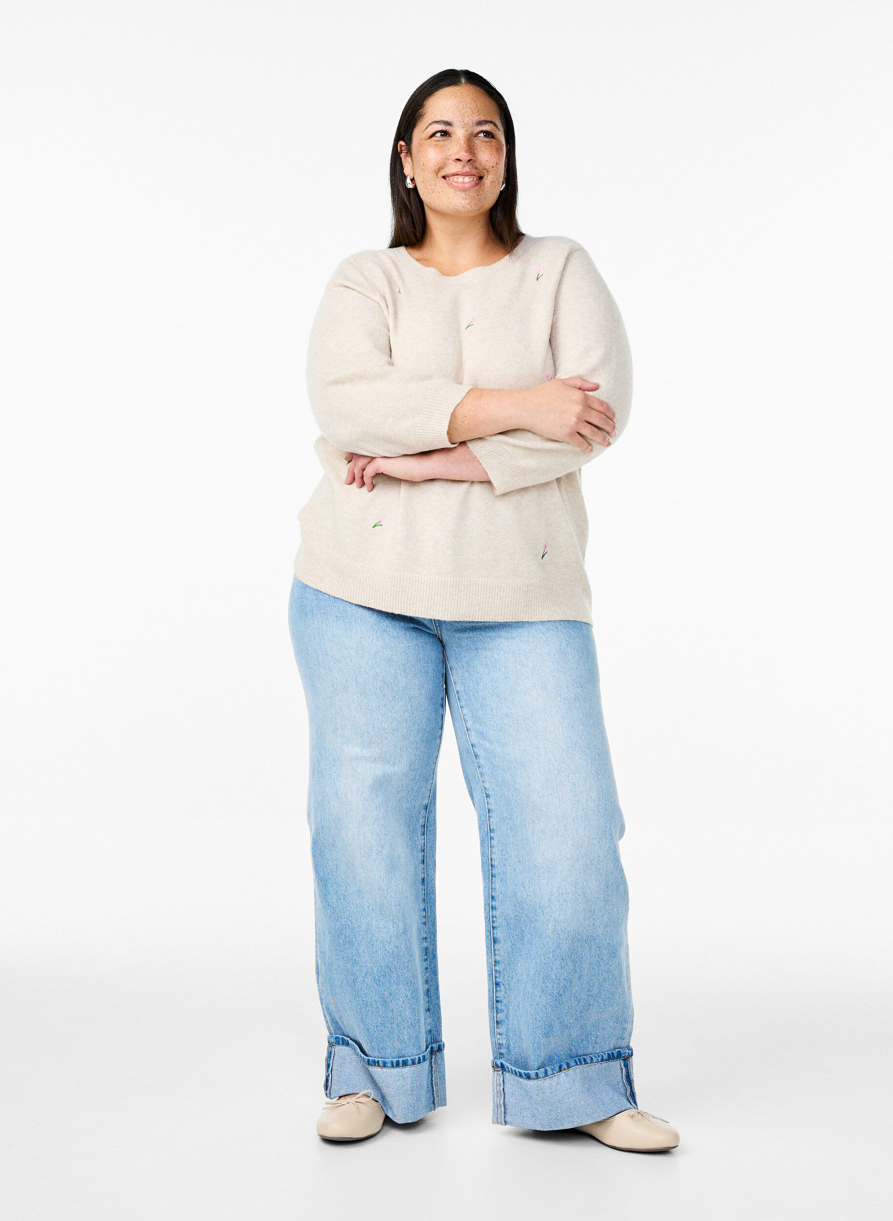 Zizzi Dzianinowa bluzka w kwiaty z rekawem 3/4, Pumice Stone Mel., Model image number 2