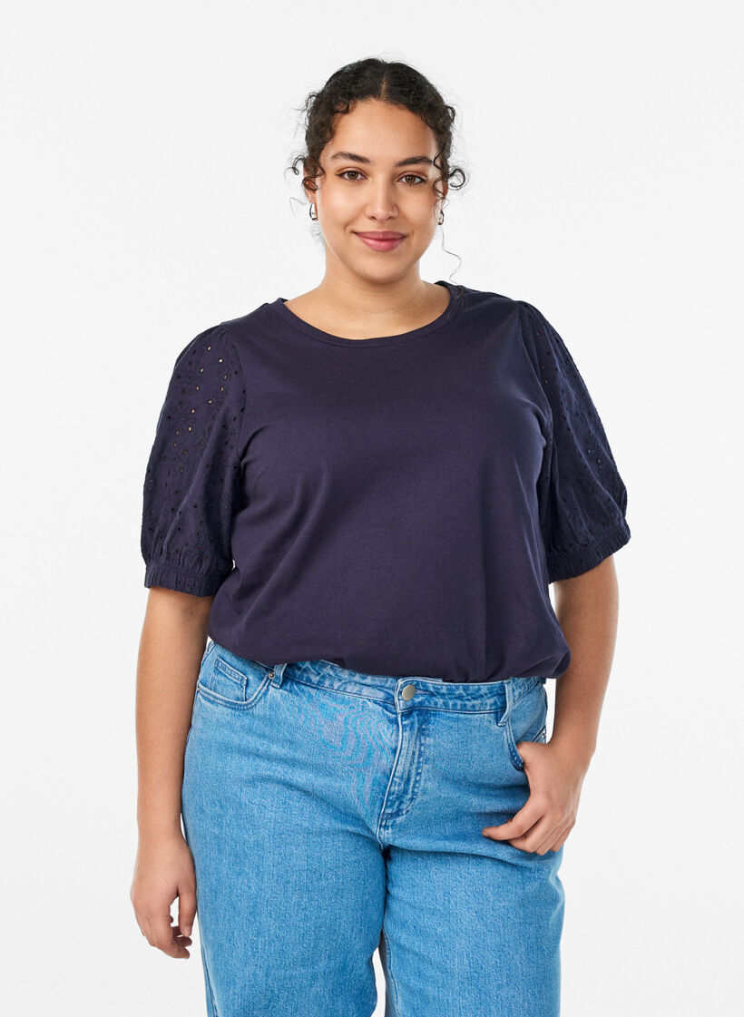 Koszulka z rekawami Broderie Anglaise, Niebieskie, Model image number 0