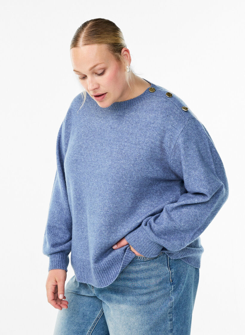 Bluzka dzianinowa z ozdobnym guzikiem, Niebieskie, Model image number 0
