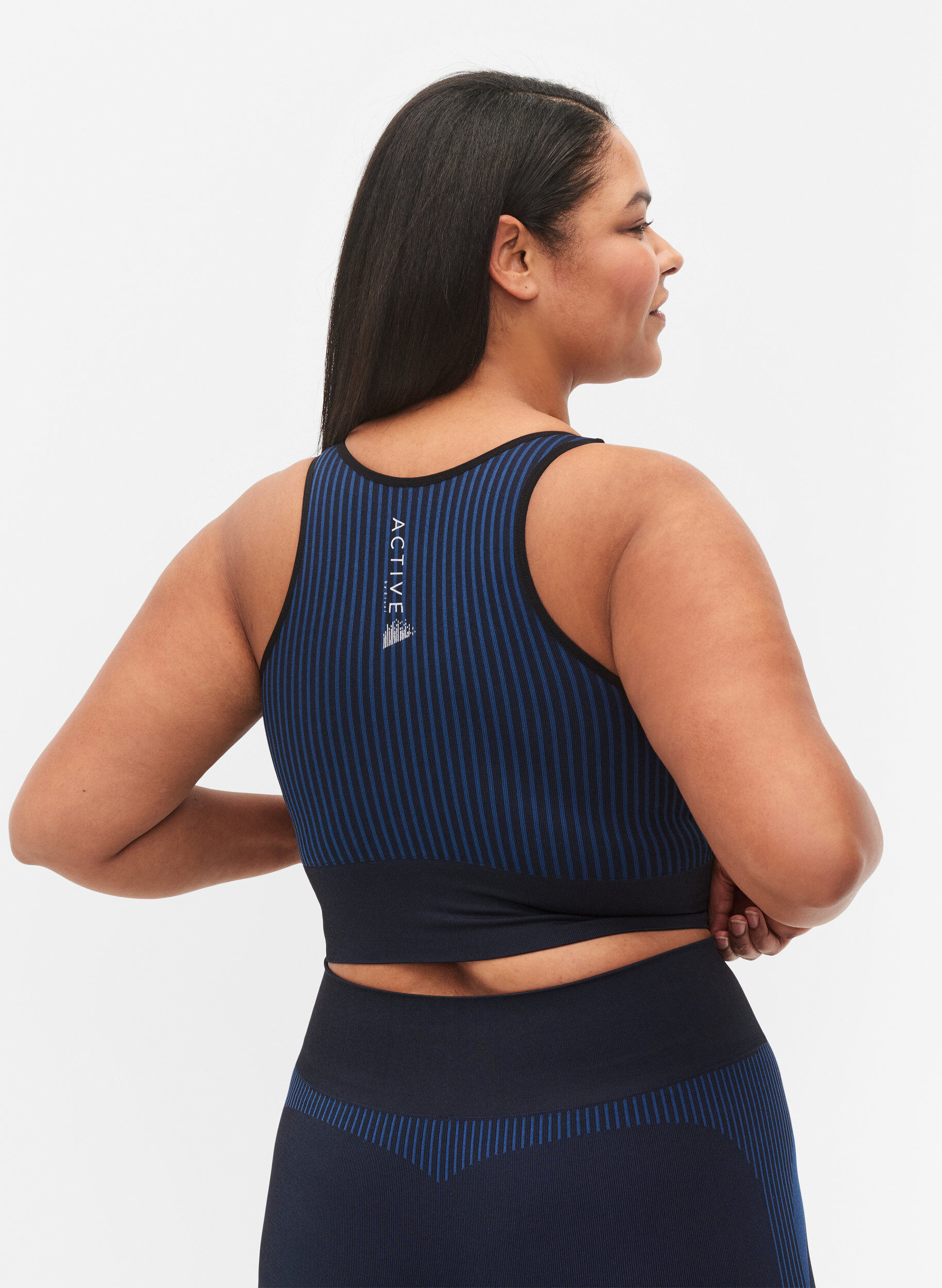 Zizzi Seamless sports bra with stripes, Black w. Blue Depths, Model image number 1