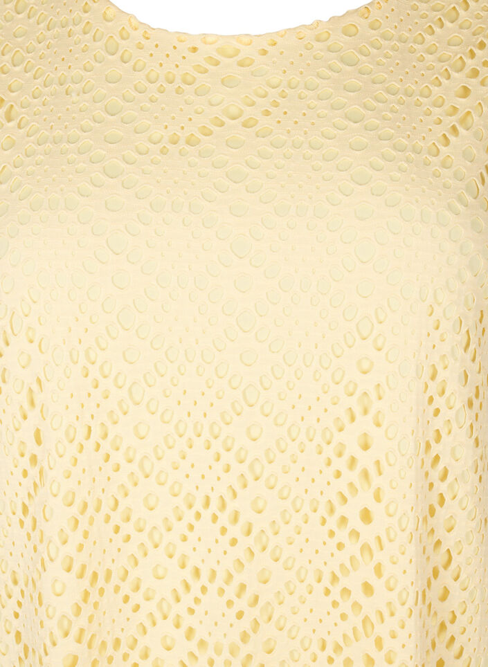 Sukienka do kolan z oczkowym wzorem i kr&oacute;tkimi rekawami, Ż&oacute;łty, Packshot image number 2