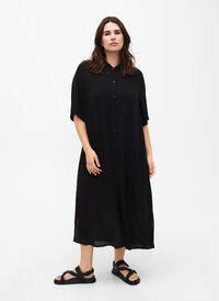 Wiskozowa sukienka koszulowa z krótkimi rekawami, Black, Model