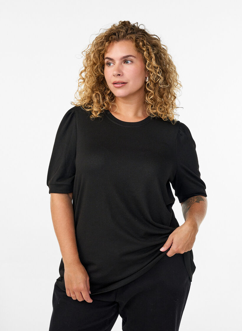 Bluzka z guzikami i kr&oacute;tkimi bufiastymi rekawami, Czarne, Model image number 0