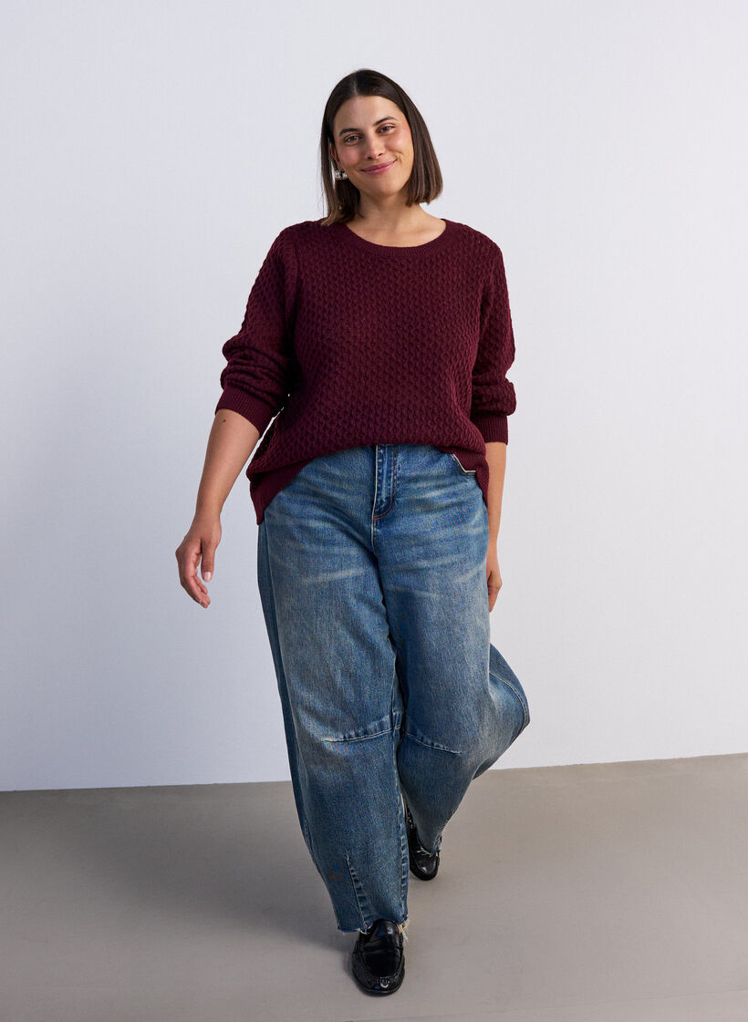 Dzianinowa bluzka z azurowym wzorem o wyrazistej fakturze, Czerwony, Model image number 1
