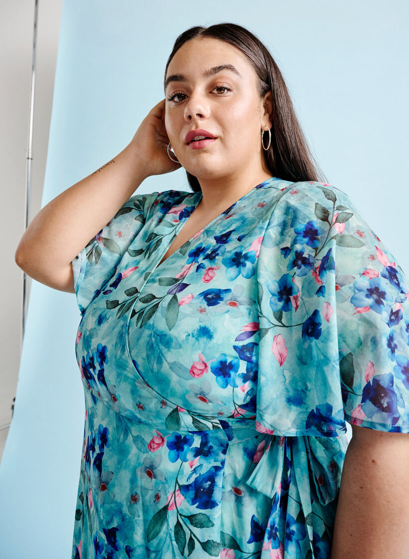 Kopertowa sukienka z krótkim rekawem i kwiatowym nadrukiem, Trellis AOP, Image image number 1