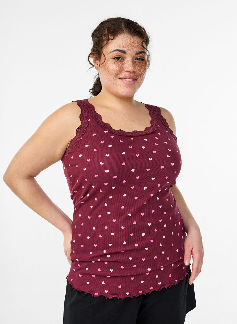 Top z nadrukiem i koronkowym brzegiem, Czerwony, Model image number 0