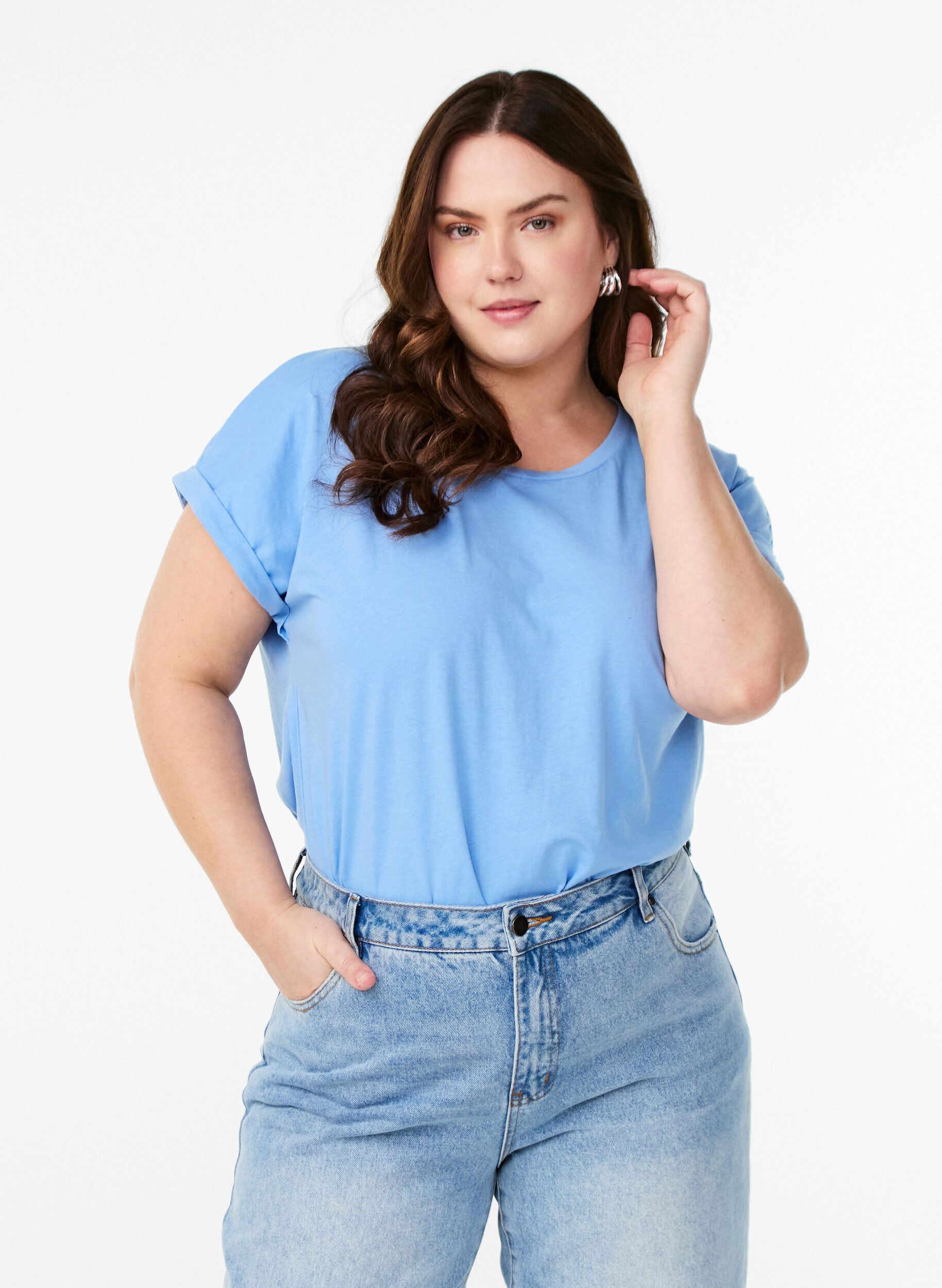 Zizzi T-shirt z kr&oacute;tkim rekawem z mieszanki bawelny, Niebieskie, Model image number 0