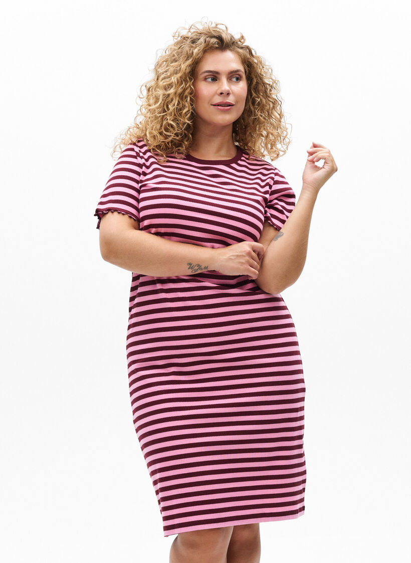 Sukienka do kolan wykonana z prazkowanej dzianiny, Ciemnobordowy, Model image number 0