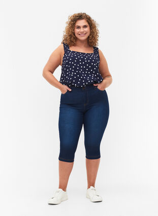 Amy capri jeans z wysokim stanem i bardzo dopasowanym krojem, Blue denim, Model image number 0