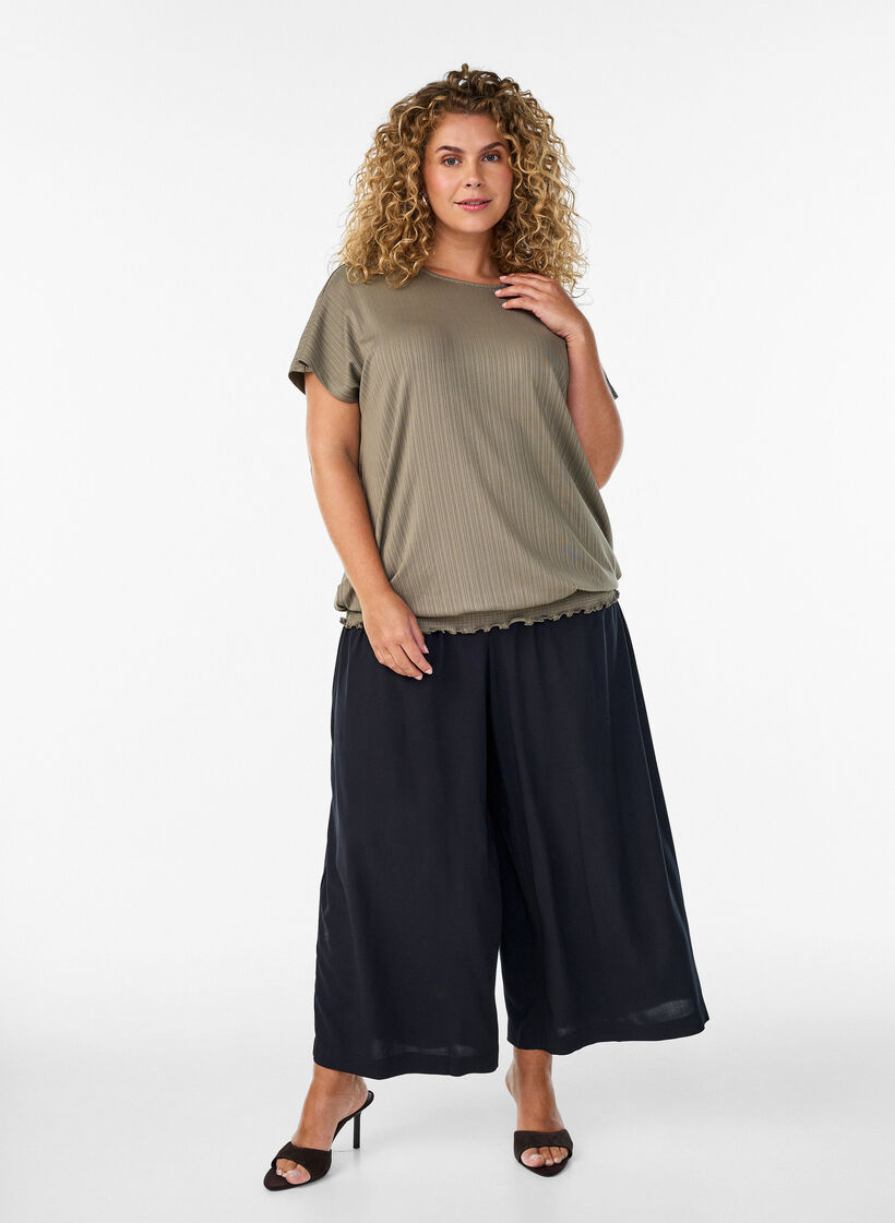 Bluzka z dzianiny z teksturowanymi paskami i marszczonym brzegiem, Brązowy, Model image number 1