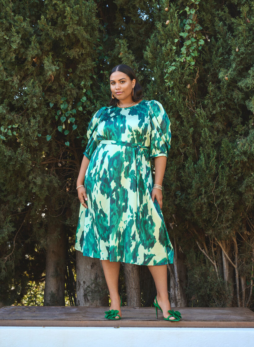 Sukienka imprezowa z kr&oacute;tkim rekawem i wiazanym paskiem, Zielony, Image image number 0