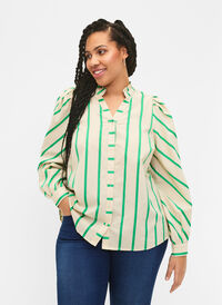 Bawelniana bluzka koszulowa w paski z kolnierzykiem z falbanami, Beige Green Stripe, Model