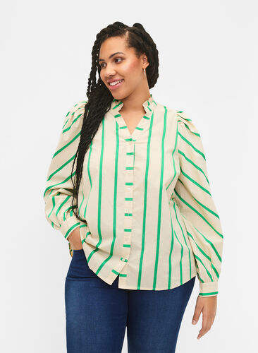 Bawelniana bluzka koszulowa w paski z kolnierzykiem z falbanami, Beige Green Stripe, Model image number 0