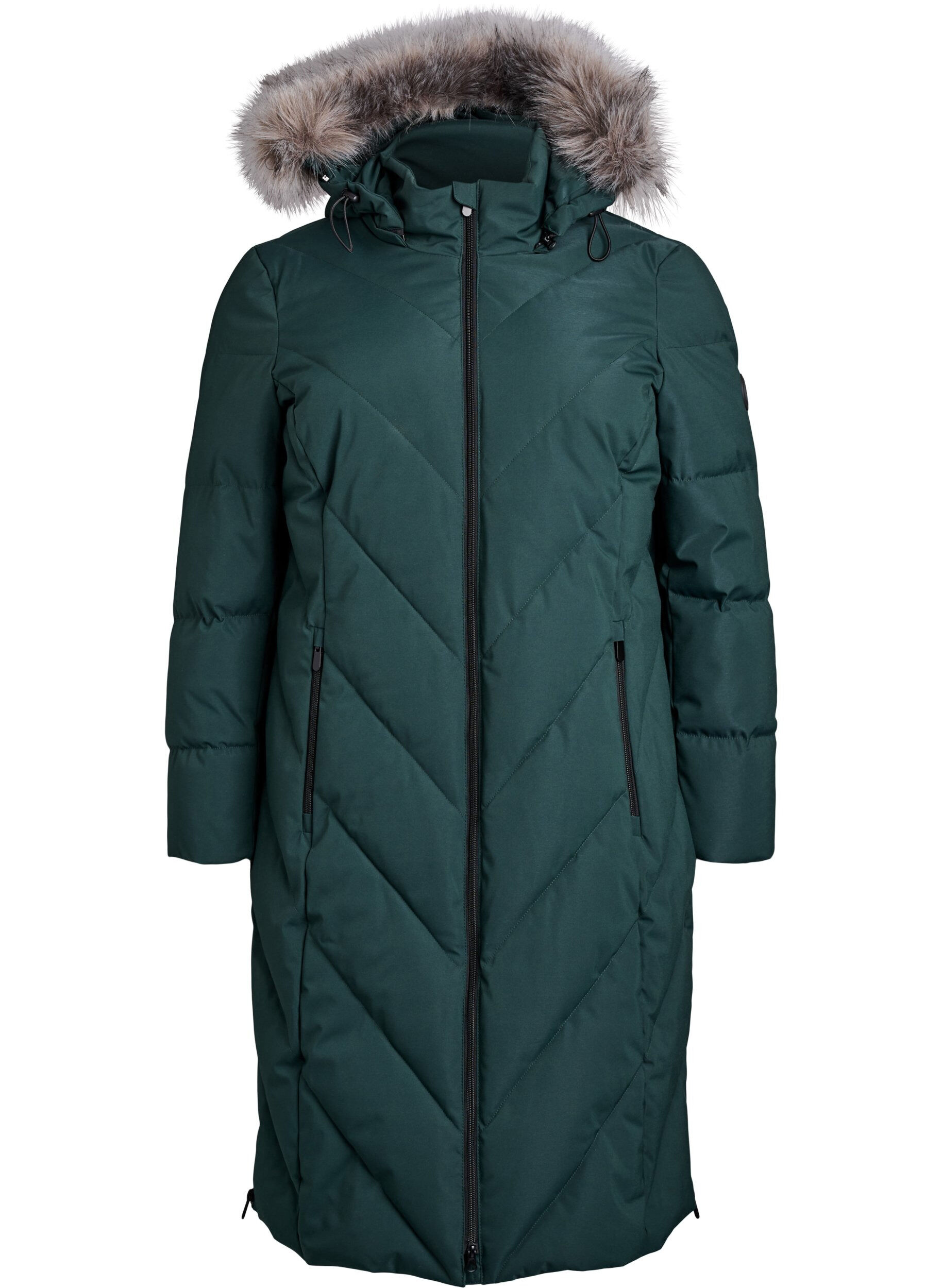 ZizziDlugi plaszcz zimowy z zapieciem na haczyki i kolnierzem ze sztucznego futra, Zielony, Packshot image number 0