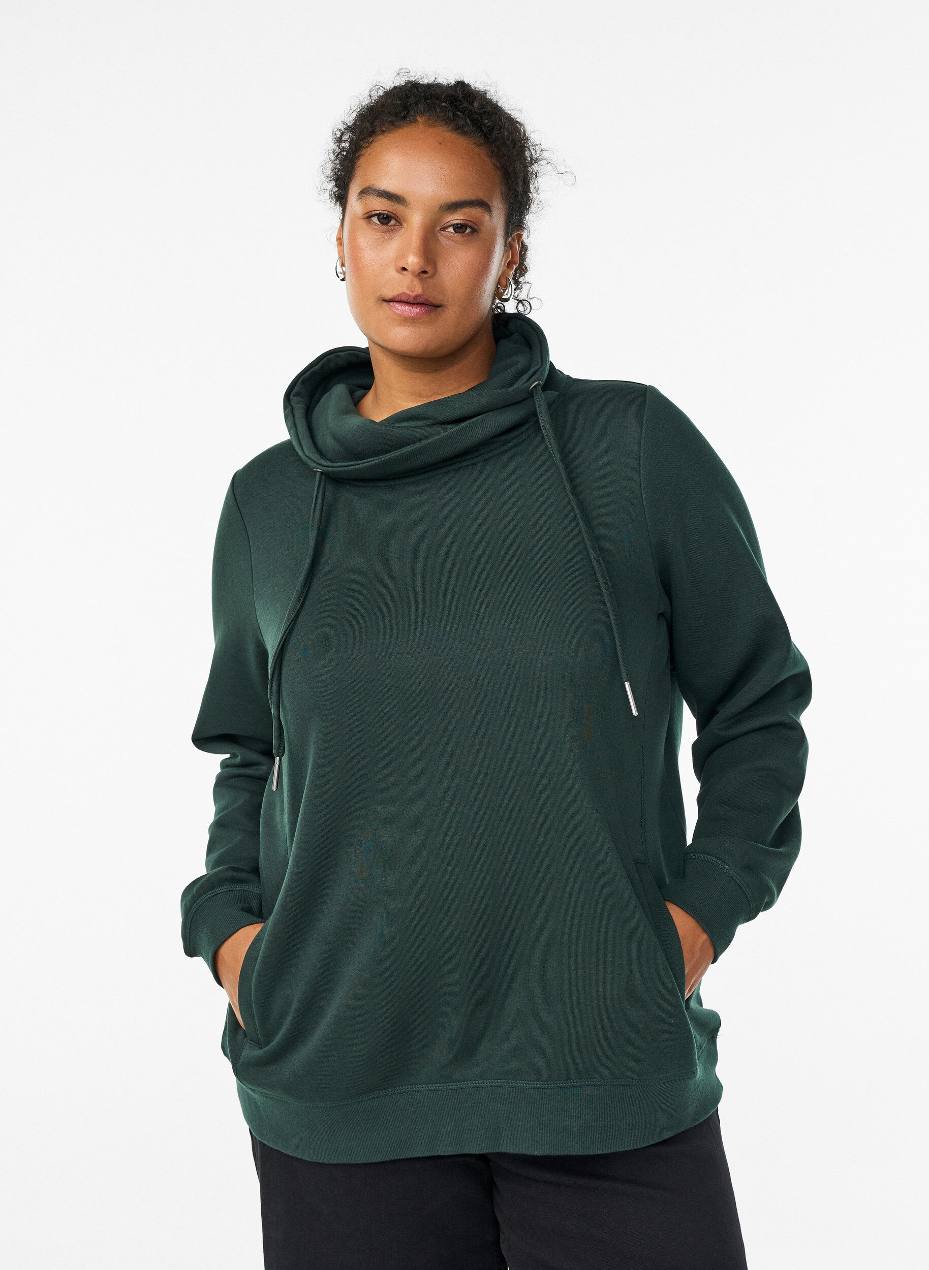 Bluza z wysokim kolnierzem i kieszeniami, Zielony, Model