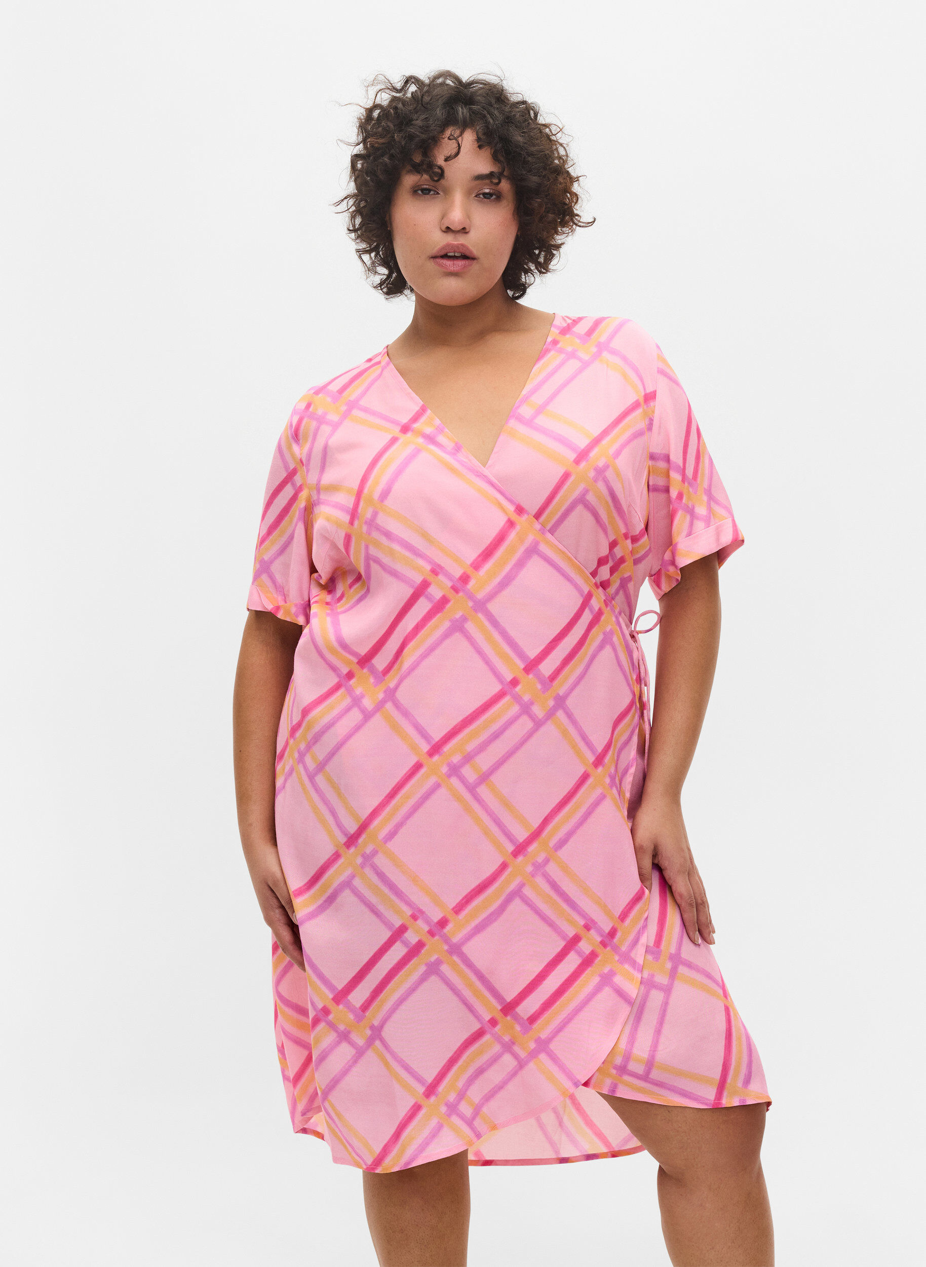 Zizzi Checkered viscose dress with wrap, Pink Check, Model image number 0